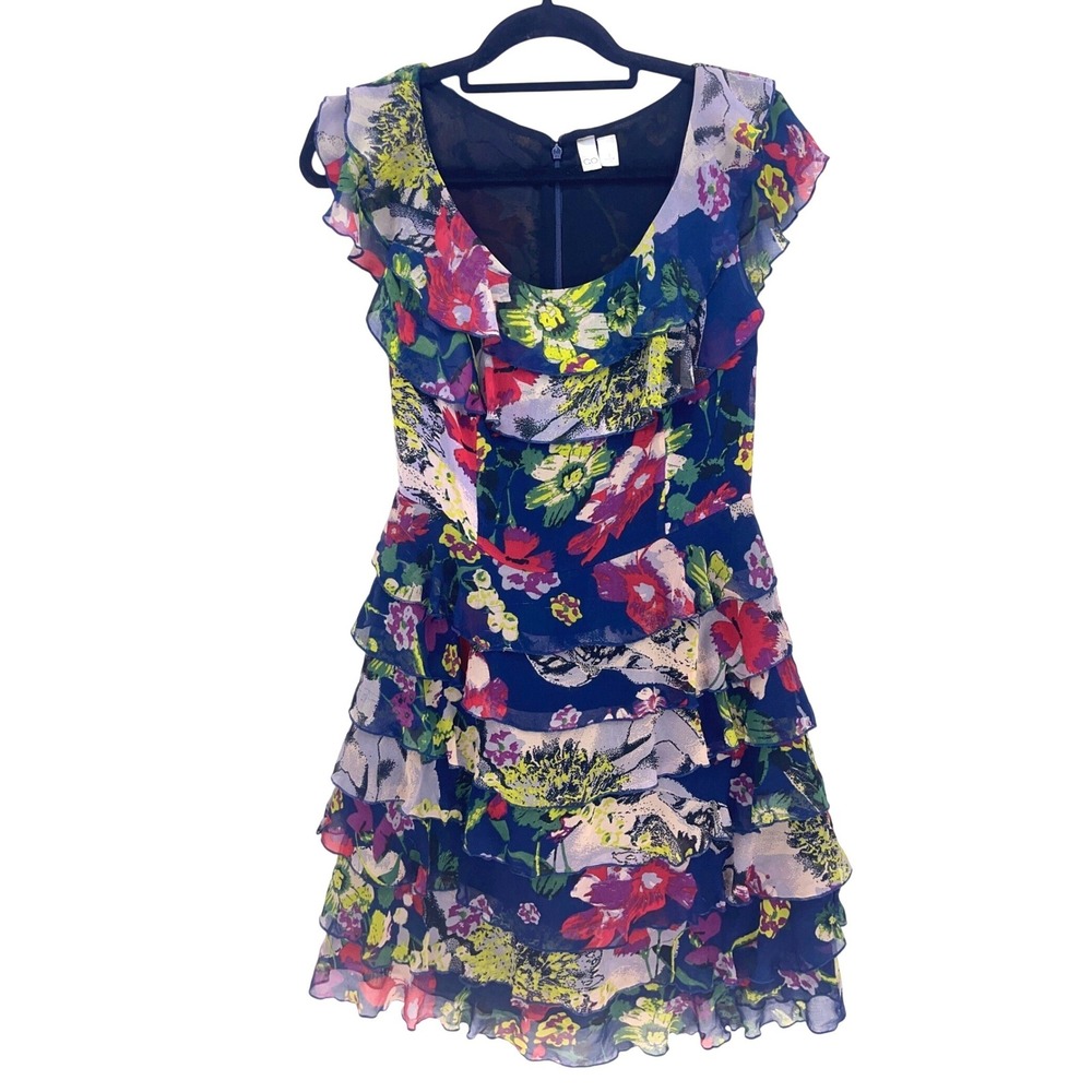 GO International Blue Floral Tiered Ruffle Dress 9 Sleeveless Mini Scoop Neck